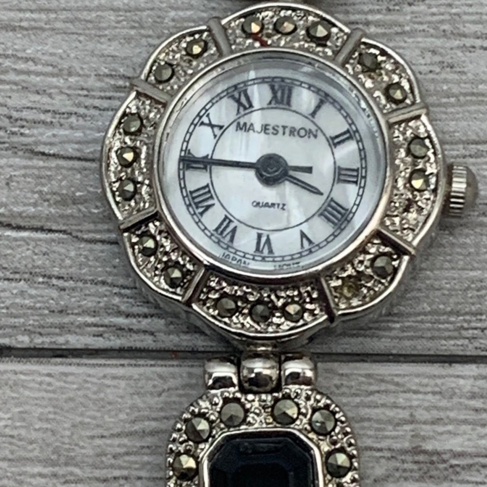 Majestron Marcasite Quartz Watch Silver Tone Black Onyx Style Roman Numeral